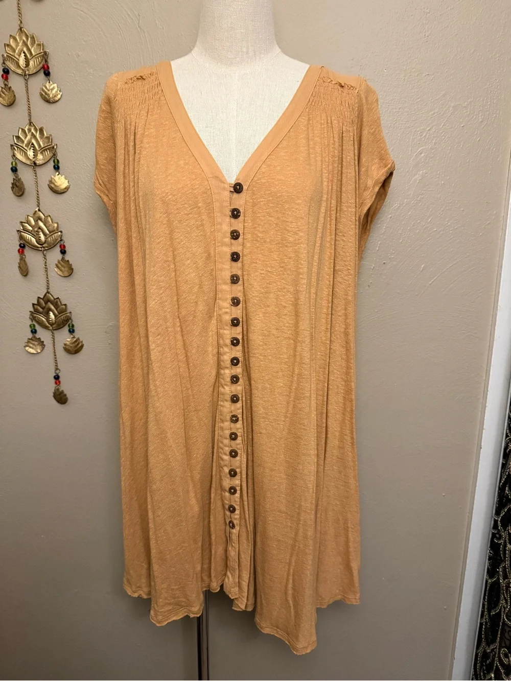 Free People Highland Oversized Boho Linen Camel Tan Tank Blouse Size Large